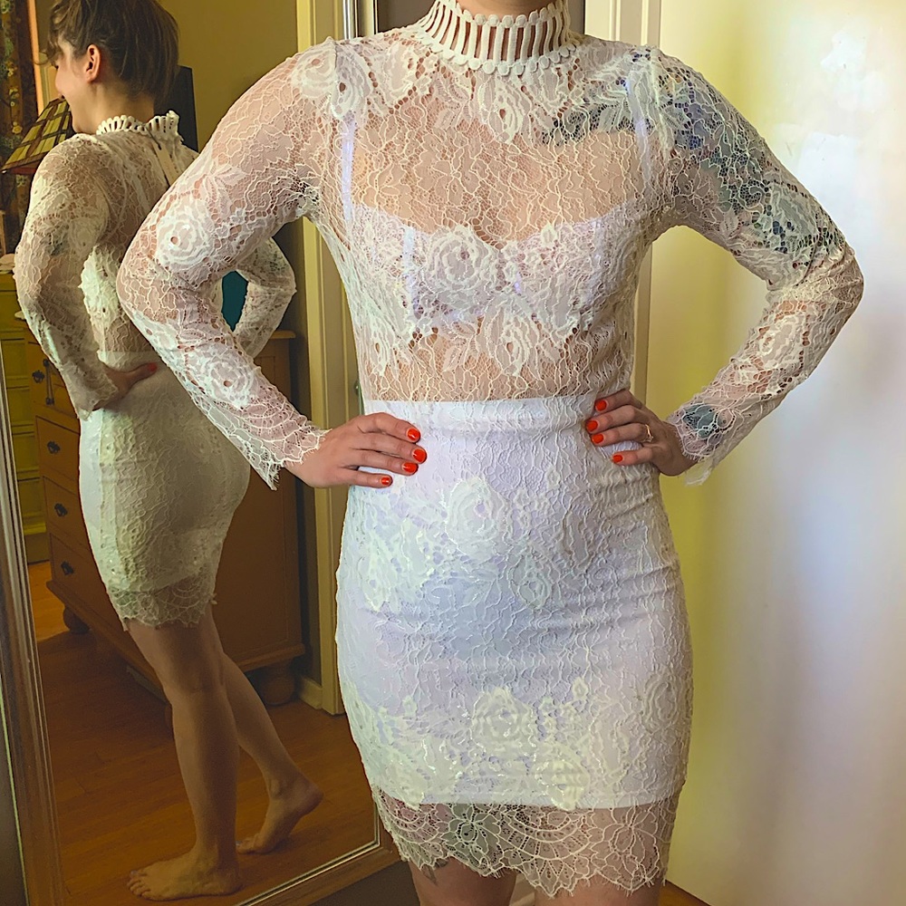 High-Collar White Lace Dress